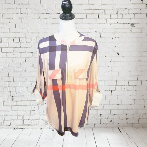 Moyabo Windowpane Striped Navy Blue/ Red Striped Pullover Long Sleeve TunicTop - Picture 1 of 6